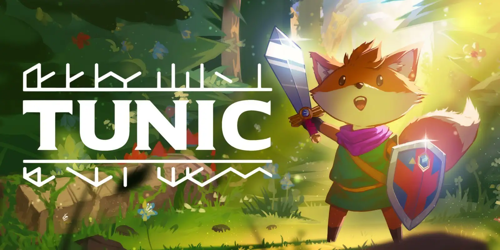 The logo of Tunic. A fox in a green tunic is raising a sword in a forest.