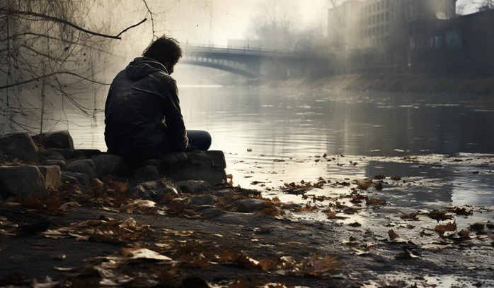 A sad person waiting for something on the riverbank.