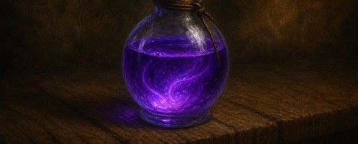 A painting of a purple potion in a glass bottle, with a cork stopper. The background is dark and blurry.