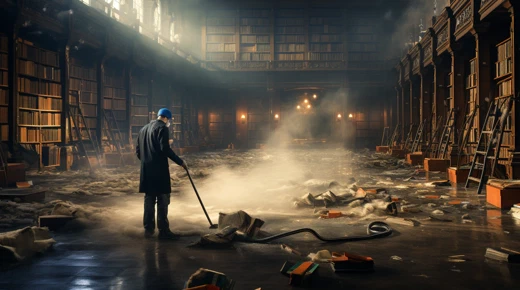 A man cleaning a large, empty, dirty, library.